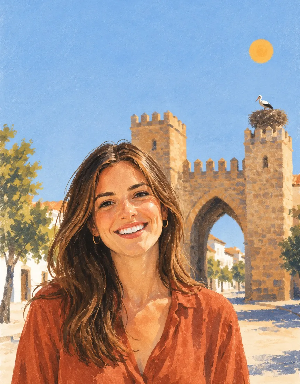 Ilustración de una mujer sonriendo delante de la Puerta de Toledo de Ciudad Real